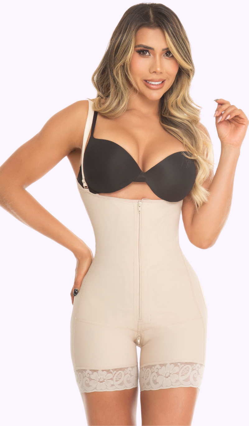 Faja colombiana media pierna con tirantes 1383 - beige / negro