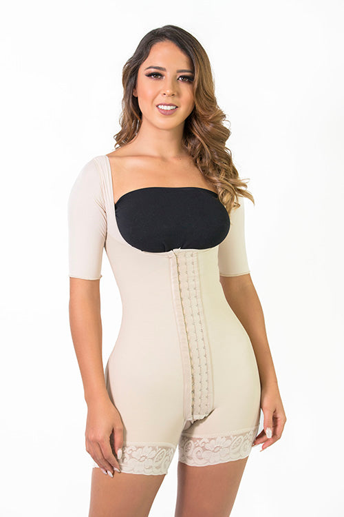 Faja colombiana con mangas 3 niveles de broches 1388 - beige / negro